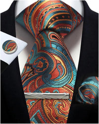 Mens Tie Set Silk Silver Paisley Floral Necktie and Pocket Square Cufflinks Tie Clip Classic Formal Ties for Men Wedding Party