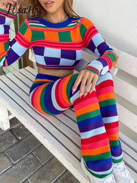 JusaHy Women Autumn New Strip Colorful Printed Wool Knitting Two Pieces Sets Crew Neck Long Sleeve Short Sweater&Straight Pants