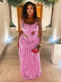 Kliou Ruched Elegant 2 Piece Set Woman Low-Neck Backless Camisole Tops+Elastic Waist Long Skirts Midnight Prom Party Outfits