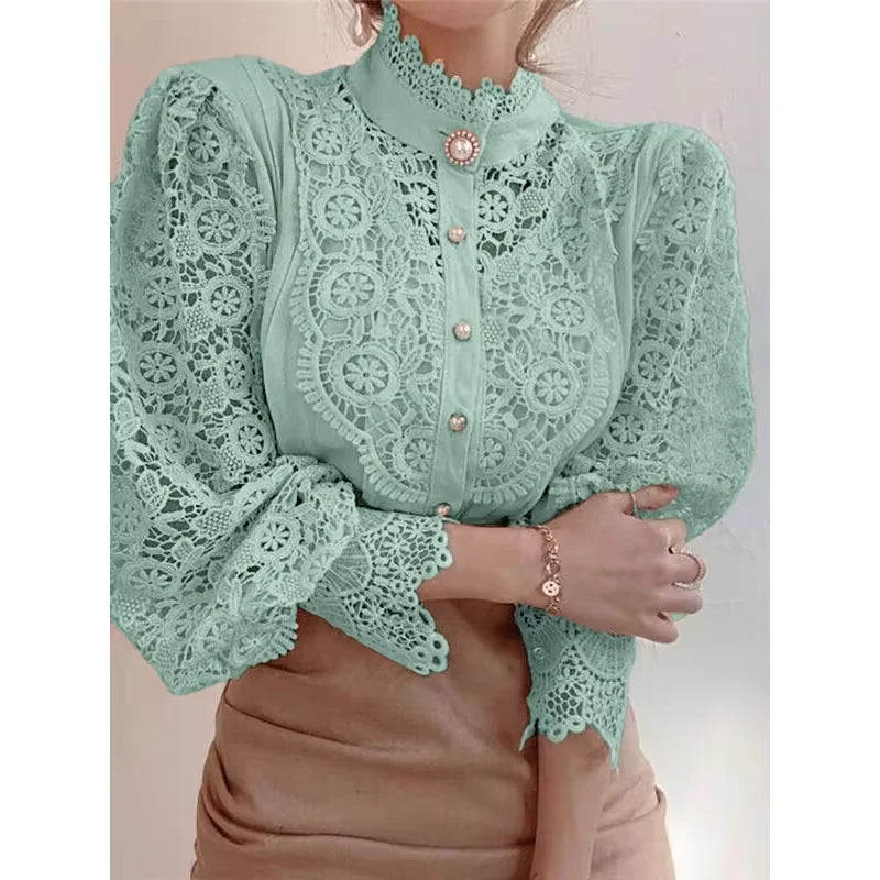 Shirt Women Blusas Mujer De Moda Office Lady Flower Blouse Spring Hollow Out Lace  Stand Collar Button Female Clothing 12419