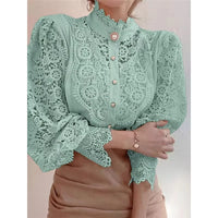 Shirt Women Blusas Mujer De Moda Office Lady Flower Blouse Spring Hollow Out Lace  Stand Collar Button Female Clothing 12419