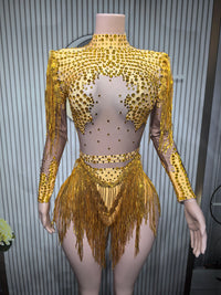 Gold Silver Sequins Tassel Elastic Bodysuit Sex)Pole Latin Dance Stage Wear Nightclub  DJSinger Dancer Performance Costume  Q025