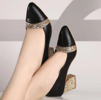 2021 Women Pumps Sweet Style Square High Heel Sequins Pointed Toe Spring and Autumn Elegant Shallow Ladies Shoes