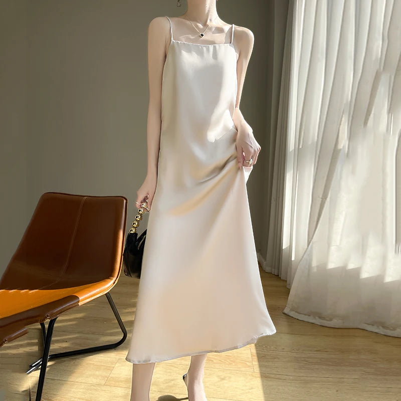 2025 New Model One Collar French High-end Silk Camisole Dress.  Solid Color Base Long Skirt