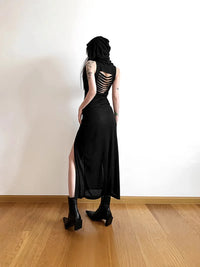 y2k Dress Women Clothes Solid Color Sleeveless Hollow Out Back Slit Hooded Dress 2000s Halloween Party Dresses