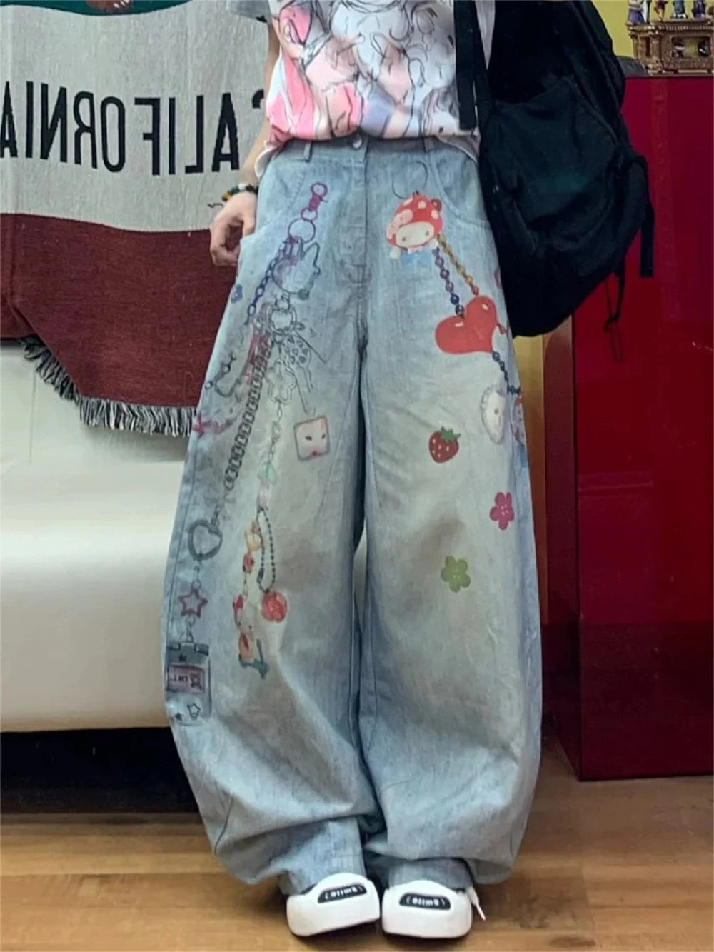 Women's Jeans American Retro Wide Fit Baggy Denim Pants Y2k Vibe Wide-legged Dragging Pants Trousers High Street Japanese New