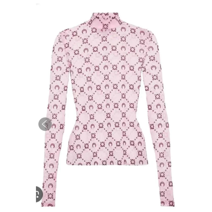 Spring Fashion and Sexy Perspective Women's Pullover Mesh T-Shirt New Semi High Neck Long Sleeved Slim Fit Elastic Women T-Shirt