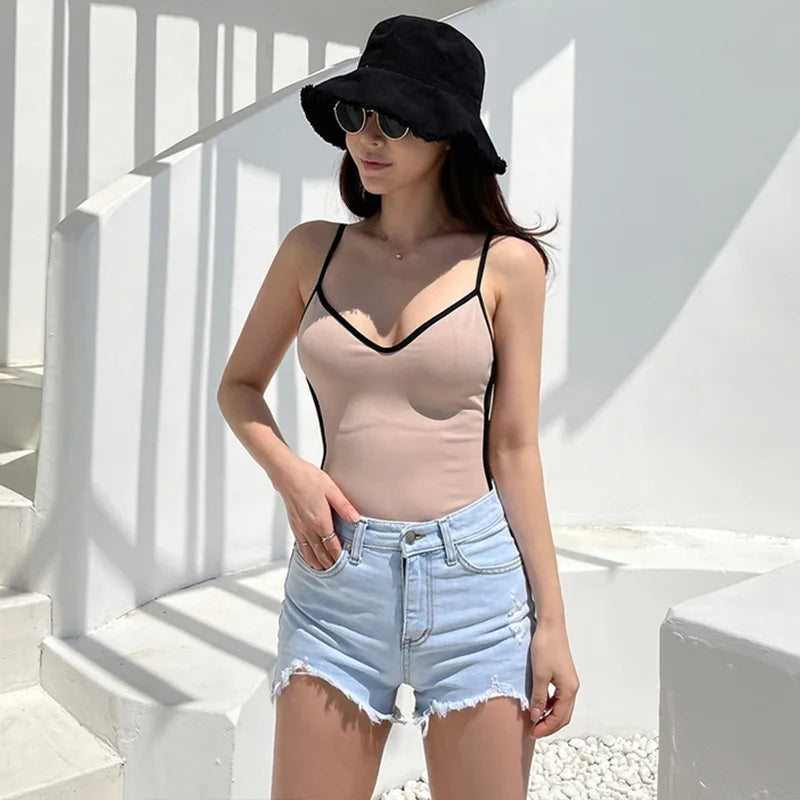 2023 New Women Sexy Slip Striped One-piece Swimsuit Backless Bikini Triangle Pad Bra Hot Spring Swimwear Swimming Bathing Suit