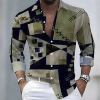 Summer lightweight men's printed long-sleeved shirt, retro floral plaid color-blocked casual shirt, Hawaiian vacation style top.
