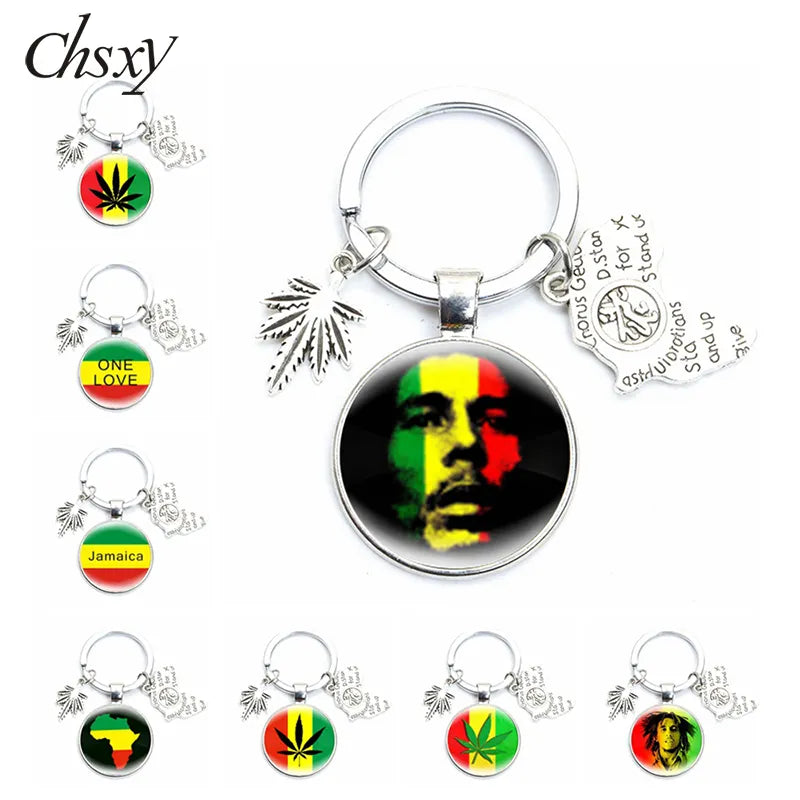 New Jamaica Singer Bob Marley Hip Hop Keychain Reggae Music Song One Love Harajuku Glass Dome Key Ring Jewelry Fans Souvenirs