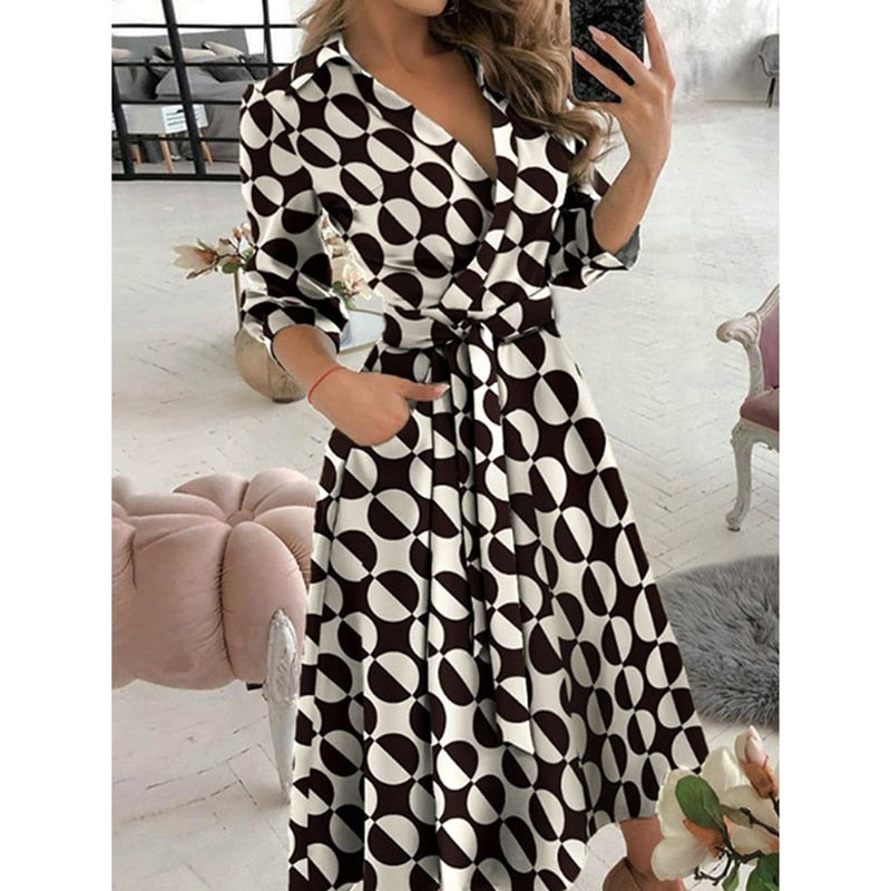 WAYFOLOVE Ladies Spring Summer Long Dress Women Long Sleeve Pocket Casual Dresses Elegant V Neck Butterfly Print Vintage Dresses