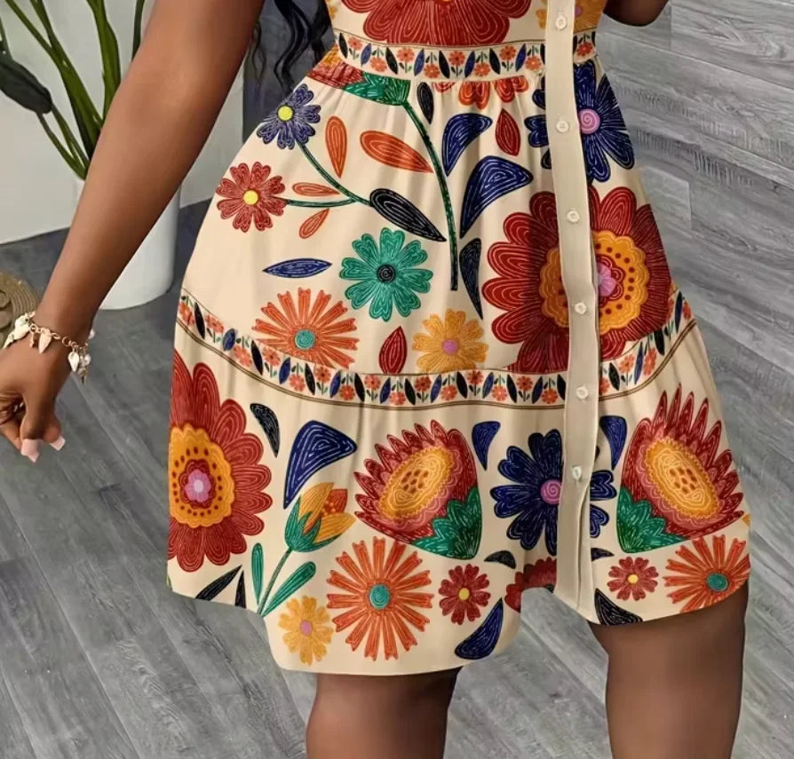 2026Women's Summer Floral Print Shirt Dress Puff Sleeve Ruffle Hem A-Line Mini Dress