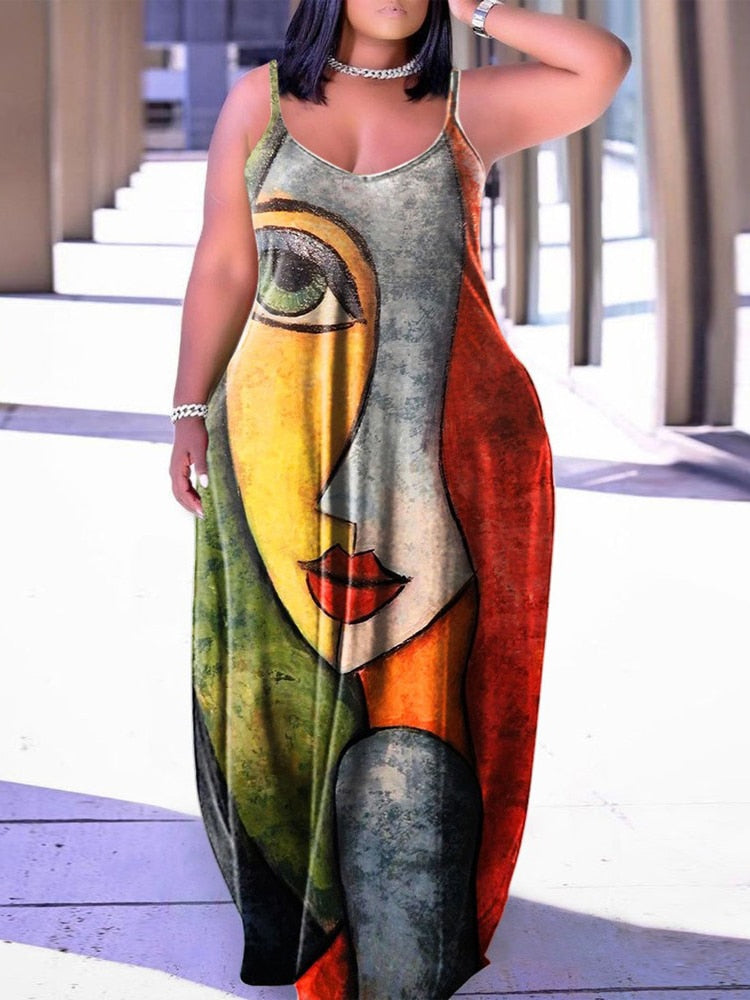 Plus Size Abstract Print Spaghetti Strap Maxi Dress