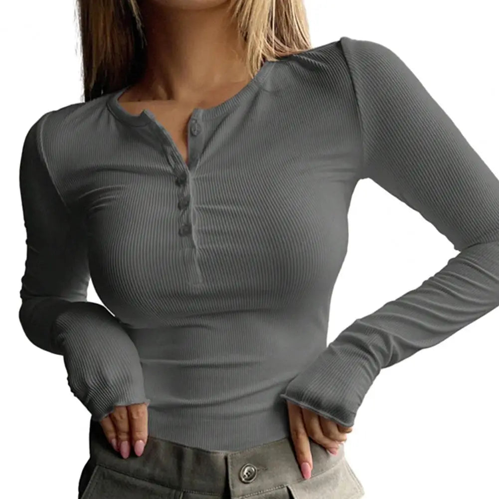 Women Autumn Spring Top O Neck Button Long Sleeve Slim Fit Pullover Soft Breathable Elastic Simple Style Women T-shirt Blouse