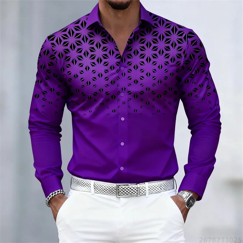 17 colors of men's shirts, fashionable geometric pattern print long sleeve shirts, personalized trendy slim lapel casual shirts