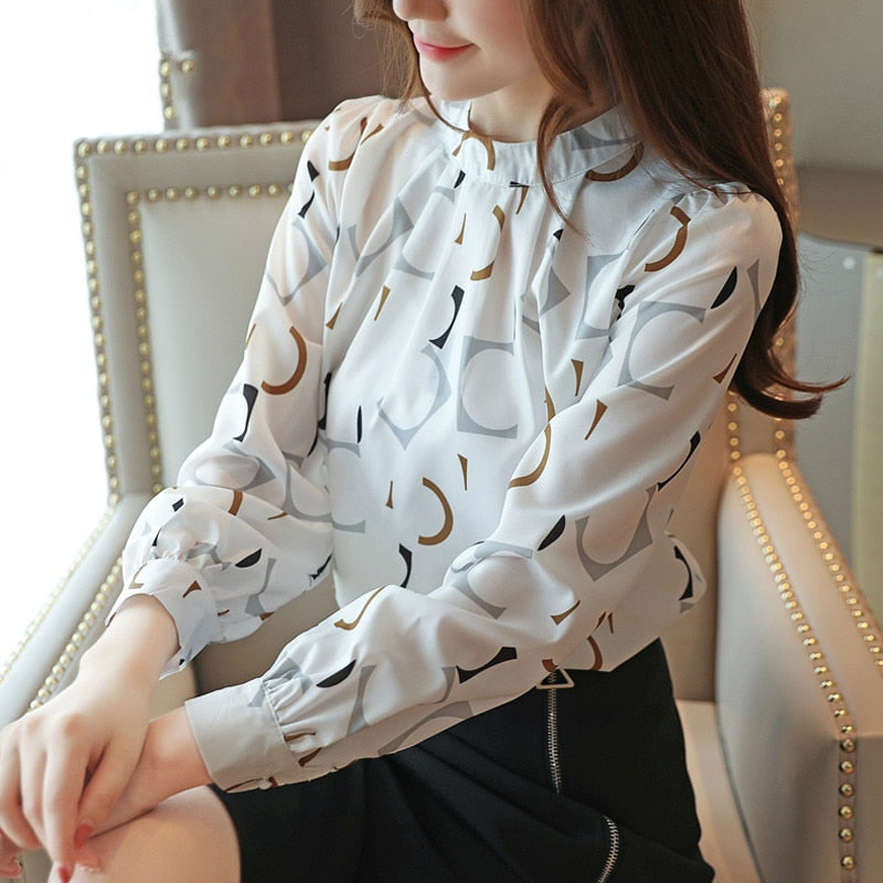 Korean Fashion Clothing Casual Long Sleeve Chiffon Blouse Women Print O-neck Blouse white black autumn tops 6053 50