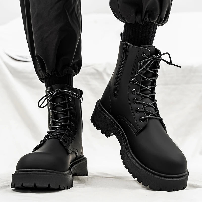 Men's High-top Boots, 2025 New Black British Windbreaker Workwear Boots, High-top Soft Leather Waterproof Casual Leather Boots