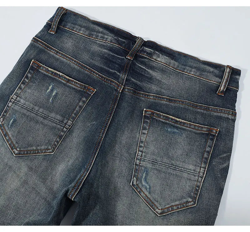 Fashionable new men's jeans with pleated elastic slim fit, retro washed blue jeans, high street designer hip-hop brand pants, ho