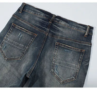 Fashionable new men's jeans with pleated elastic slim fit, retro washed blue jeans, high street designer hip-hop brand pants, ho