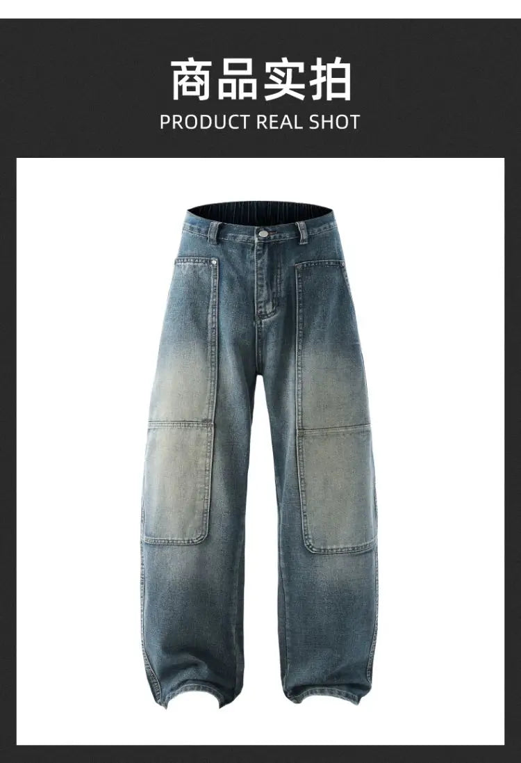 Men's Jeans Spring And Autumn Fashion Straight Tube Loose Washed Casual American Retro Original Color Wide Rivet Logging Pants