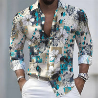 2026 Spring/Autumn New Men's Light Luxury Baroque Style Long-Sleeved Shirt with Color-Blocked Geometric Print Lapel Cardigan