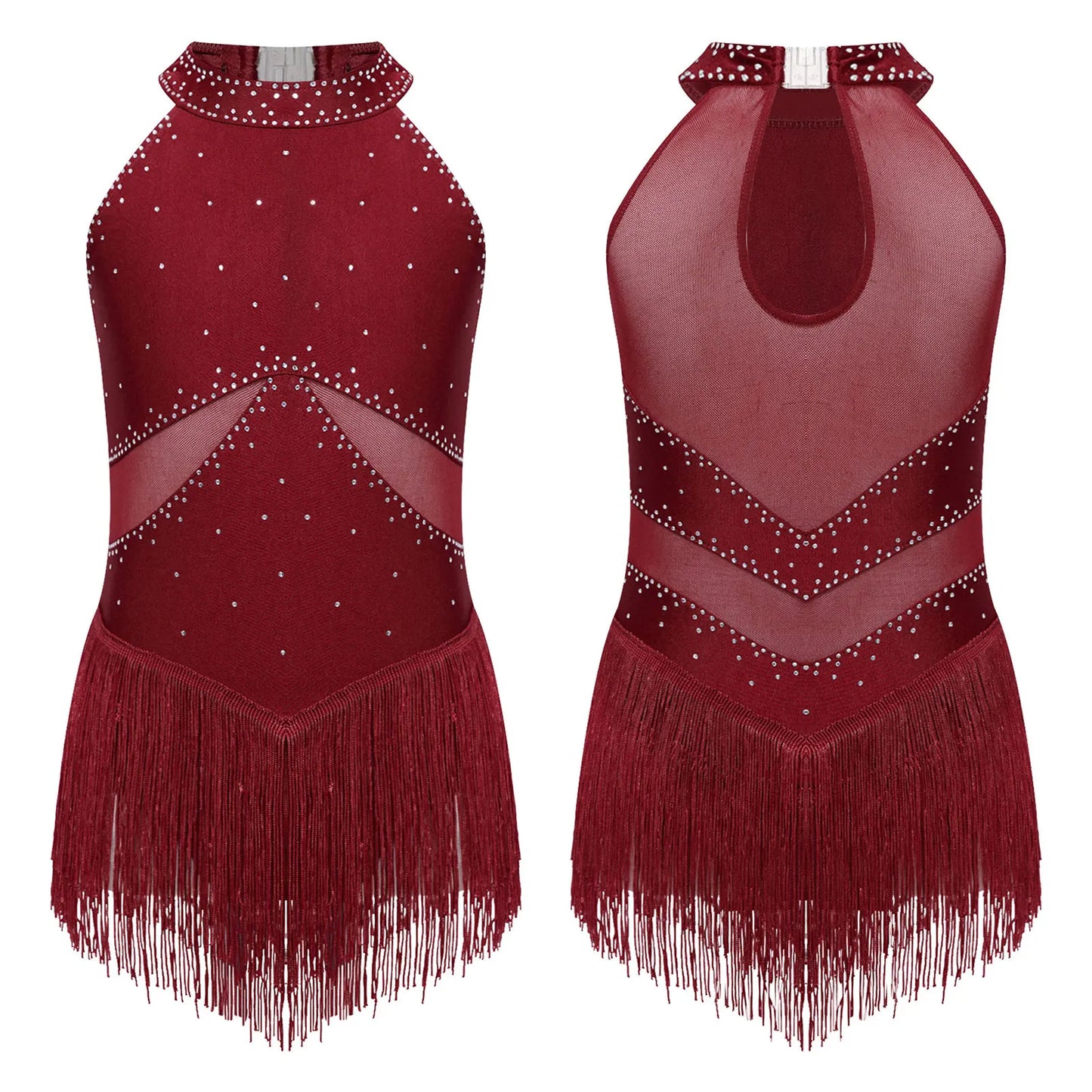 Kids Girls Sleeveless Fringed Bodysuit Moden Latin Jazz Dance Leotard Dress Rhinestones Gymnastics Skating Performance Costumes