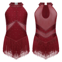 Kids Girls Sleeveless Fringed Bodysuit Moden Latin Jazz Dance Leotard Dress Rhinestones Gymnastics Skating Performance Costumes