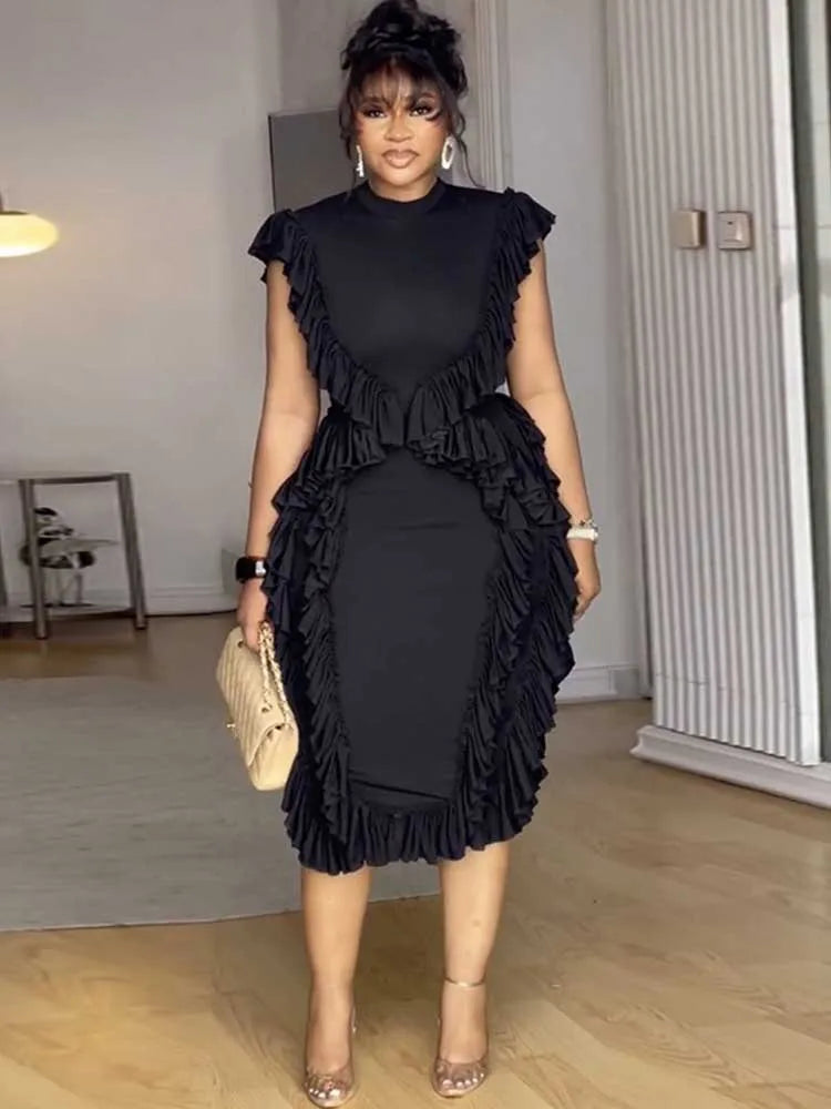 Female Clothing Slim Tank Top Dress Round Neck Casual Elegant Long Black Dress Ruched Knee Length Summer Dress Ladies