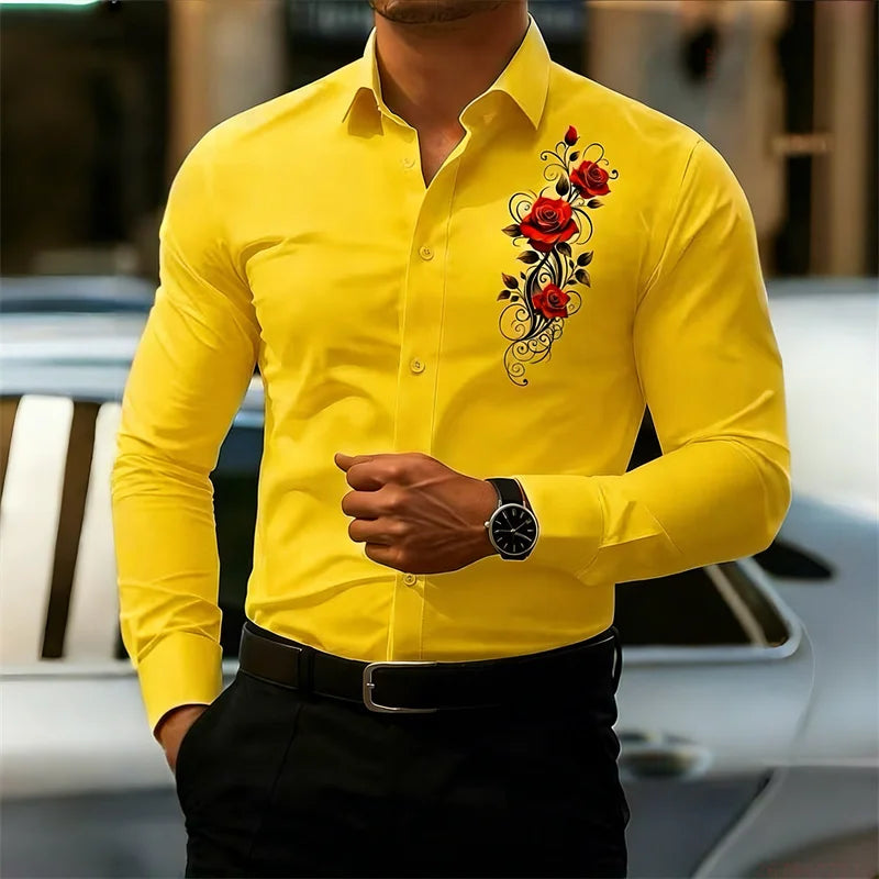 Men's long-sleeved shirt, featuring a vintage red rose print design.  A stylish business casual shirt and fashionable men's top.