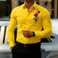 Men's long-sleeved shirt, featuring a vintage red rose print design.  A stylish business casual shirt and fashionable men's top.