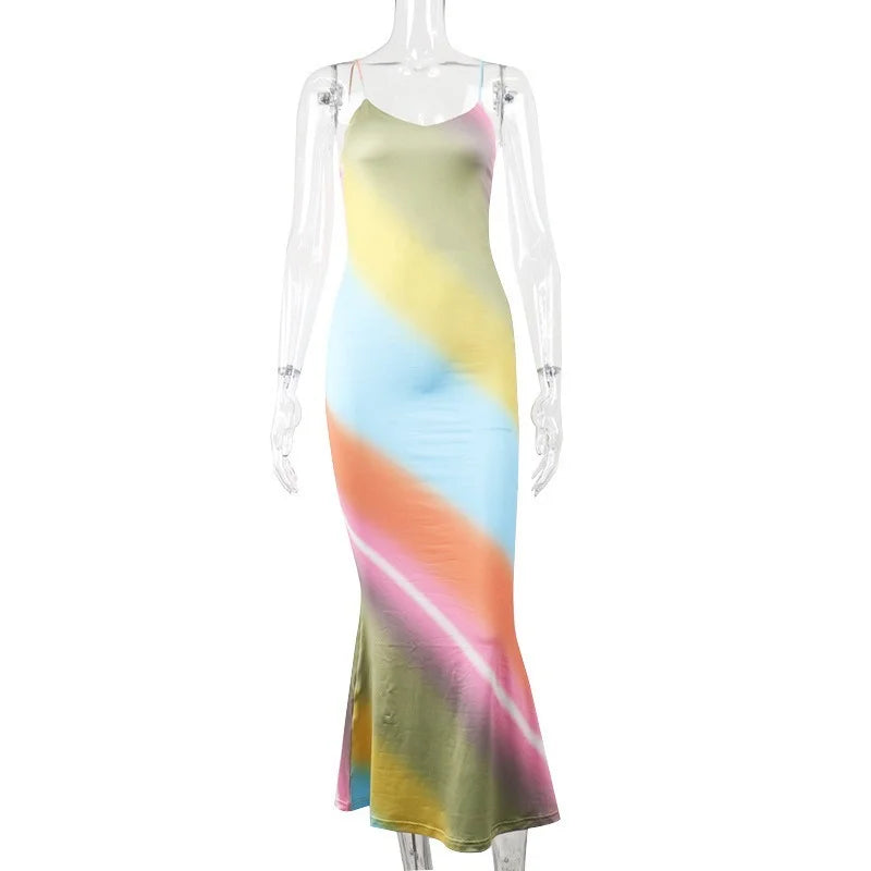 Women's Sexy V-Neck Backless Rainbow Print Slip Dress Summer Plus Size African Fashion Harajuku Party Office Lady Maxi Dress Multicolor / M Women's Sexy V-Neck Backless Rainbow Print Slip Dress Summer Plus Size African Fashion Harajuku Party Office Lady Maxi Dress Multicolor / M