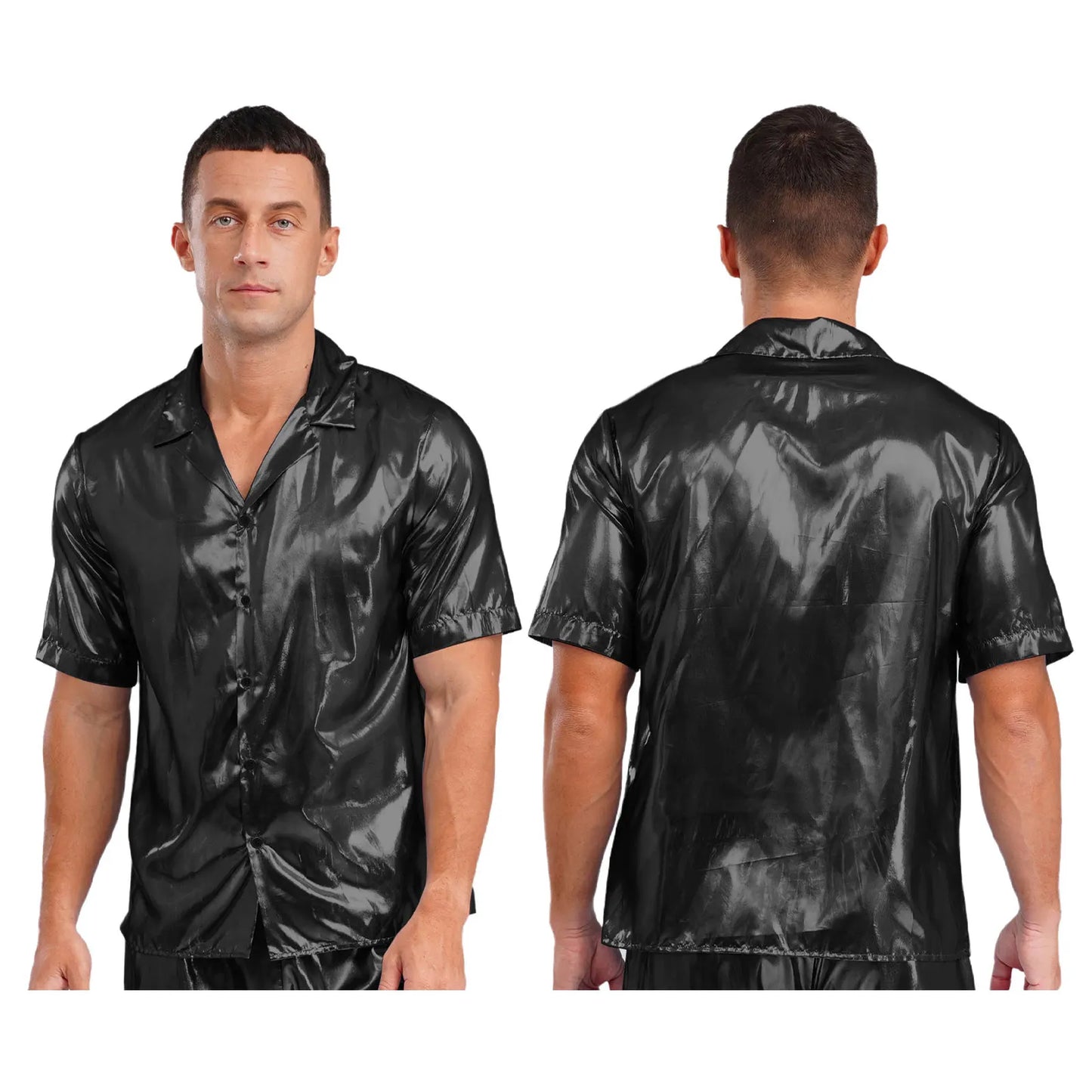 Mens  Shine Button See Through Shirt Top for Disco Party Rave Outfits Turn-down Collar Hip Hop Blouses Beachwear Rave Clubwear