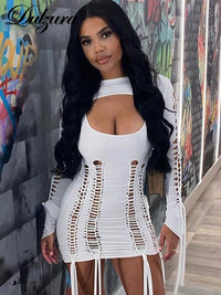 Dulzura Autumn Bandage Ruched Neon Y2K Clothes Hollow Out 2 Pieces Long Sleeve Backless Bodycon Mini Dresses For Women 2022 Club