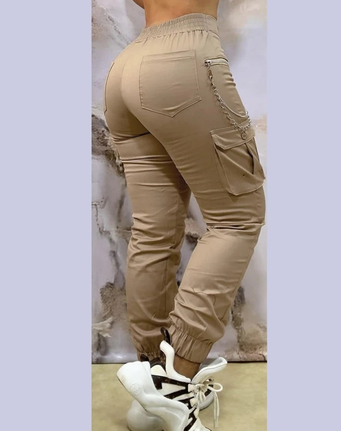 Women's Pants 2024 Autumn Winter Fashion Casual Work Pants Chain Decor Pocket Design Cuffed Cargo Pants Shipped Within 48 Hours