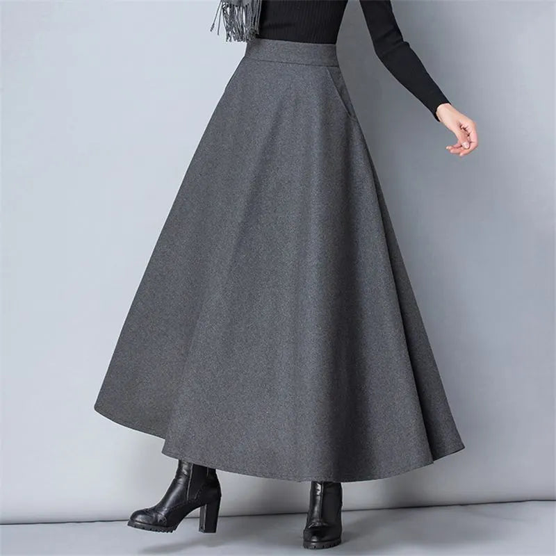 Winter Women Long Woolen Skirt Fashion High Waist Basic Wool Skirts Female Casual Thick Warm Elastic A-Line Maxi Skirts O839