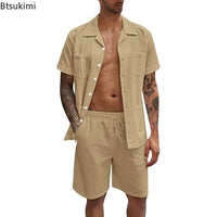 New Men's Summer Casual Sport 2 Piece Sets Fashion Cotton Linen Short Sleeve Shirt and Shorts Suit Men Loose Sport Shirt Outfits