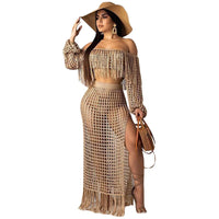 Skirt 2 Piece Set Women Beach Long Skirts Suit Top Off Shoulder Tassels Sexy Hollow Out Ensemble 2025 Summer Female Outfits