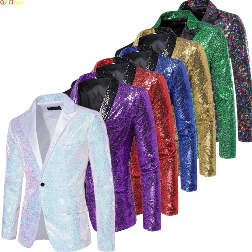 Shiny Sequin Men's Suit Jacket, Stage Performance Coat, White Silver Blue Red Purple Blazers V-neck Single Button S M L XL XXL