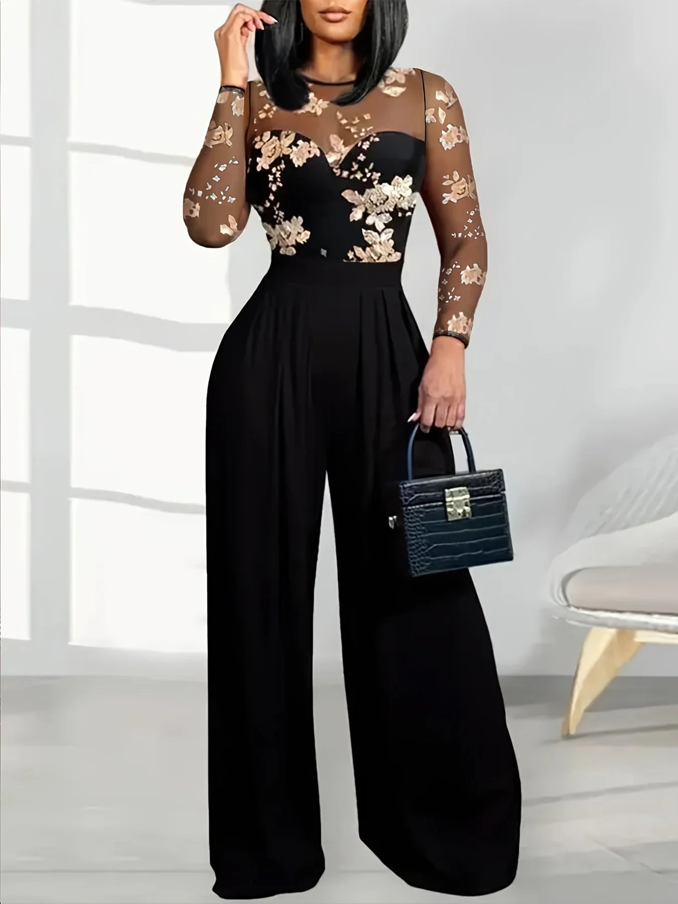 Women's Black Jumpsuit with Sheer Floral Embroidered Top Wide Leg Design Ideal for Evening Galas Cocktail Parties Formal Events