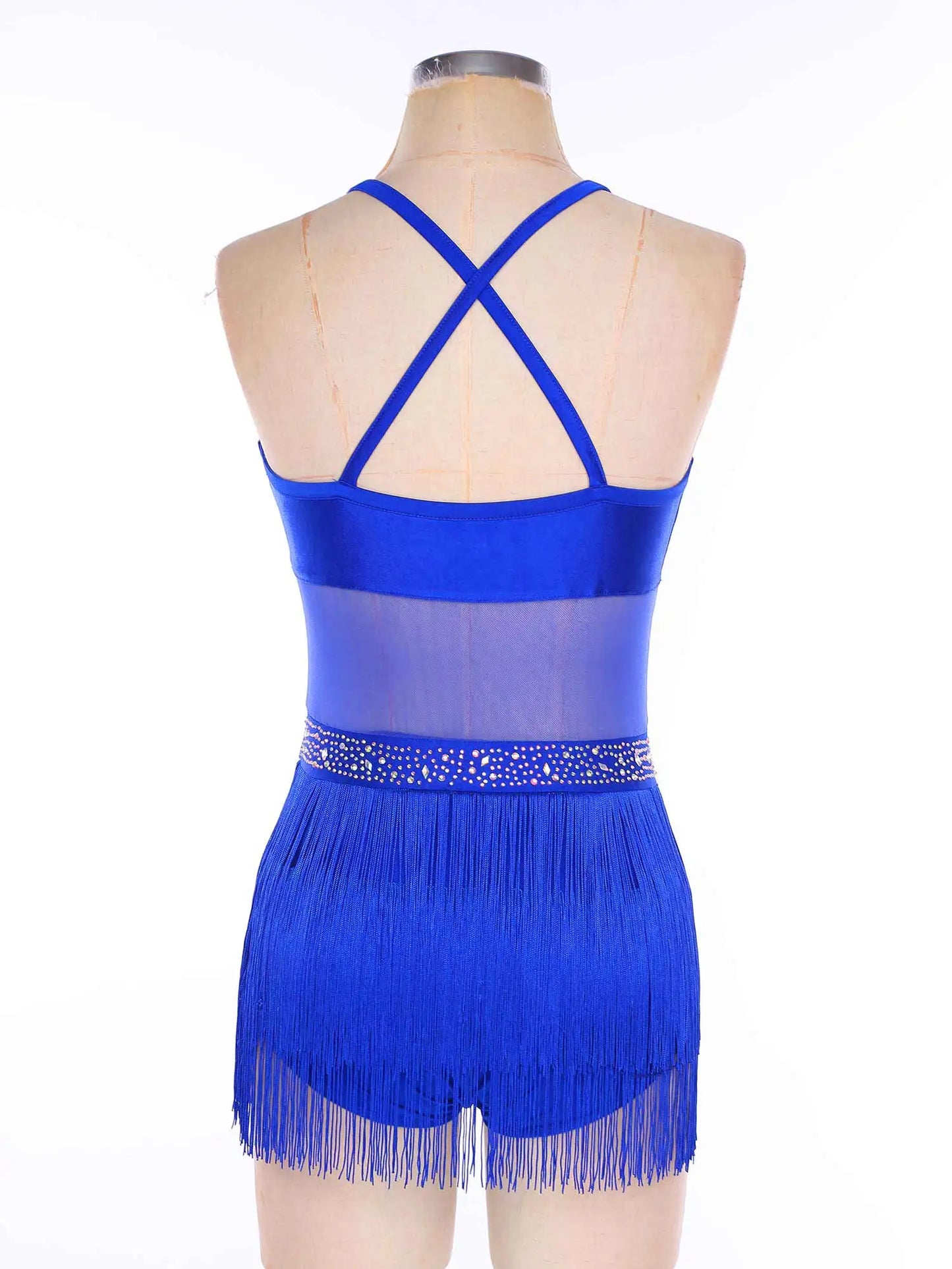 Women Tassel Latin Jazz Salsa Leotard Dance Dress Tango Dance Costumes Sheer Mesh Patchwork Rhinestones Fringed Bodysuit Dress