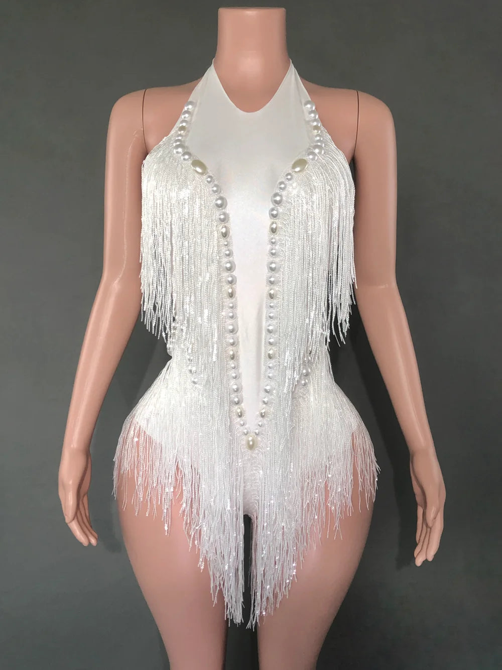 Sparkly Hot Pink Crystals Sequins Fringes Bodysuit for Women Sexy Backless Dance Costume Dancer Performance Show Stage Wear