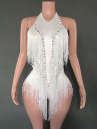 Sparkly Hot Pink Crystals Sequins Fringes Bodysuit for Women Sexy Backless Dance Costume Dancer Performance Show Stage Wear