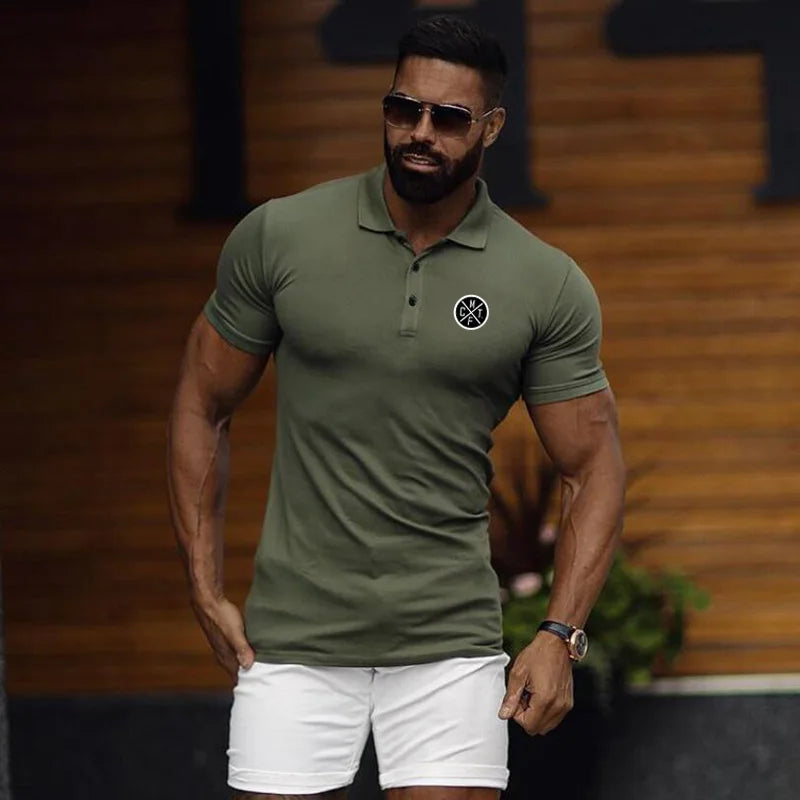 Running Short Sleeve Button Lapels Polo Shirts Men's Fitness Slim Fit Sports Cotton T Shirt Gym Bodybuilding Muscle Clothing