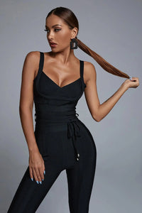 Top Quality White Blue Black V-neck Bodycon Sexy Rayon Bandage Jumpsuit Night Club Party Jumpsuit