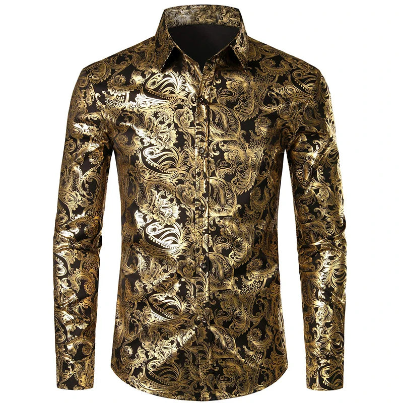 2024 New Men's Gold Shirt 3D Rose Print Slim Fit Button-Down Party Dress Shirt Athleisure Fashion Comfortable Long Sleeve