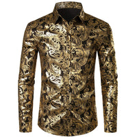 2024 New Men's Gold Shirt 3D Rose Print Slim Fit Button-Down Party Dress Shirt Athleisure Fashion Comfortable Long Sleeve