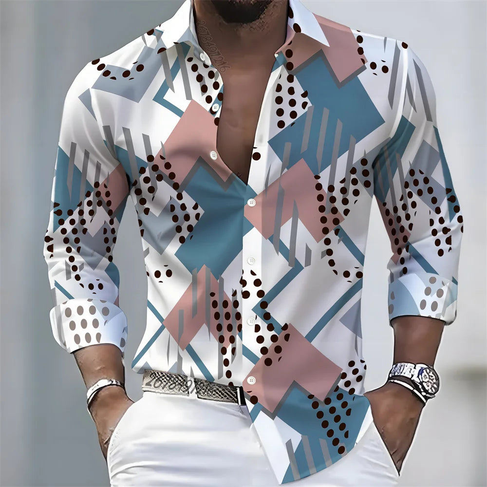 2026 Spring/Autumn New Men's Light Luxury Baroque Style Long-Sleeved Shirt with Color-Blocked Geometric Print Lapel Cardigan