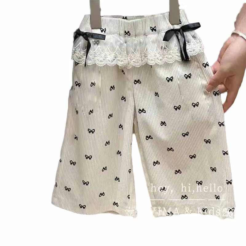 New Girls Bow Print Pants Spring Kids Wide-leg Trousers Fashion Elastic Loose Pants Autumn Children Bowknot Trousers 2-8 Years