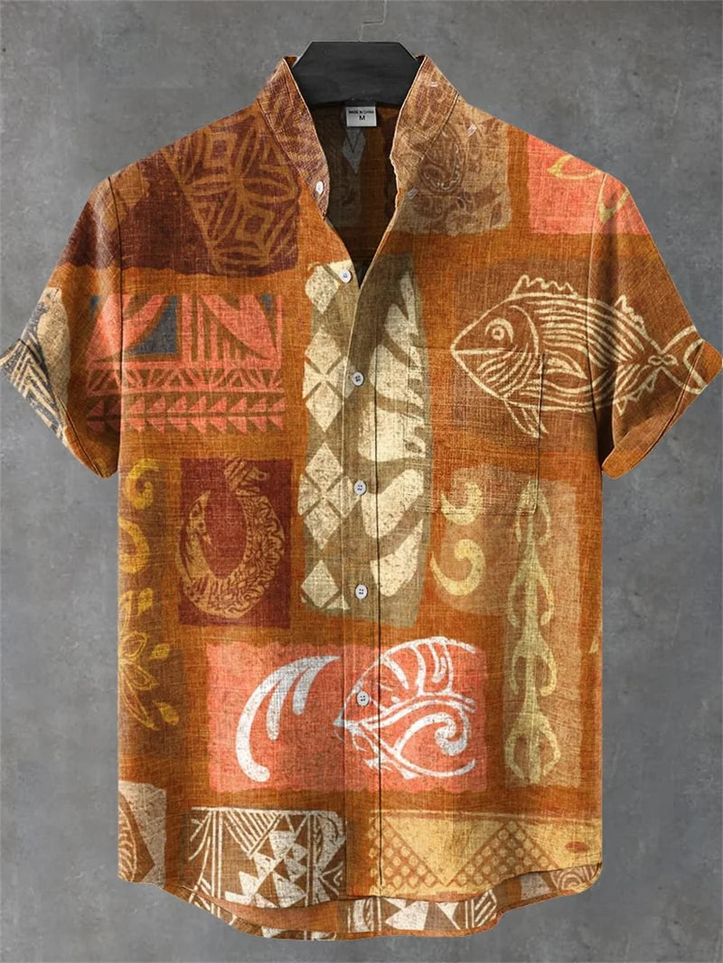 Men's Short Sleeve Shirt High Quality Vintage Ethnic Style Floral Geometric Striped Neckline Art Print Casual Linen Shirt