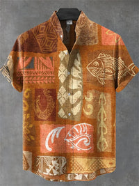 Men's Short Sleeve Shirt High Quality Vintage Ethnic Style Floral Geometric Striped Neckline Art Print Casual Linen Shirt